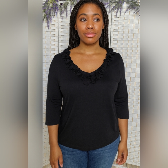 Talbots Tops - 🧨 Talbots Black Ruffled V-Neckline 3/4 Length Sleeve Pullover Tee